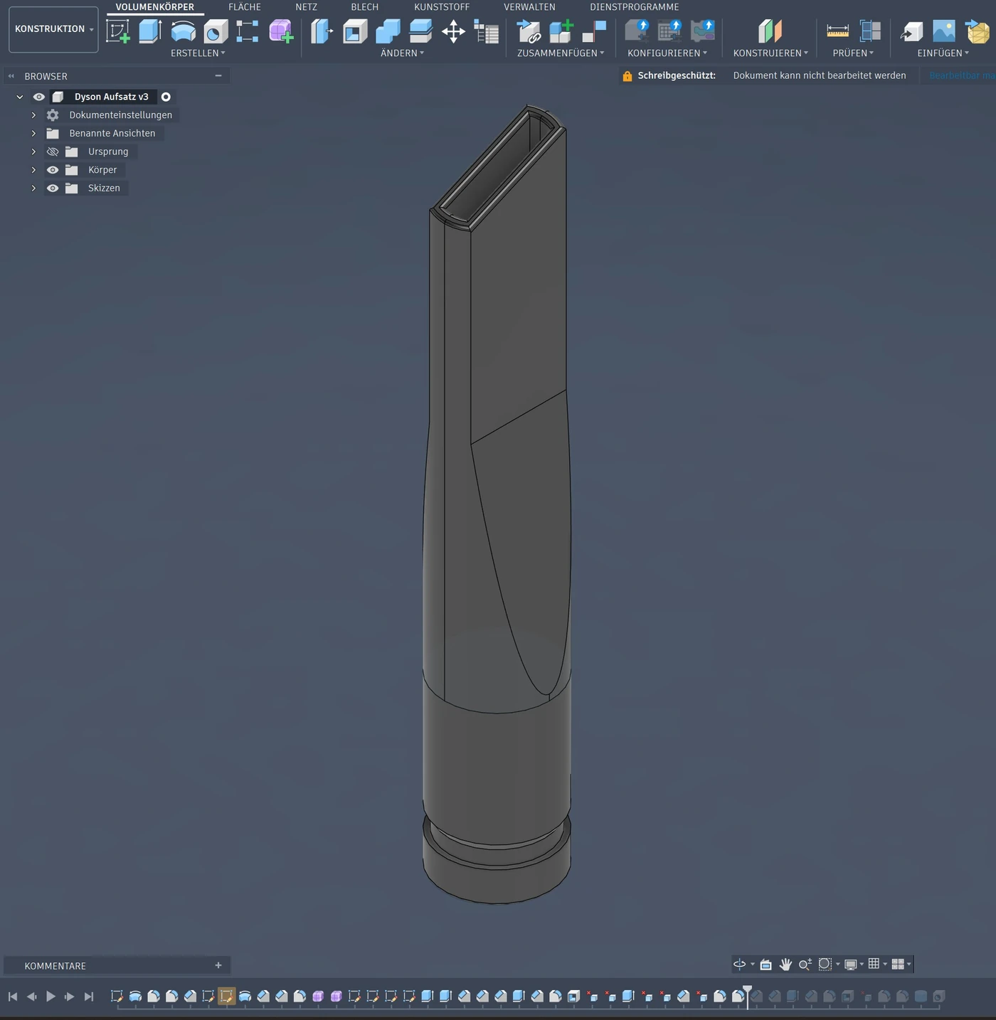 CAD-Modell der schmalen Dyson-Düse in Autodesk Fusion