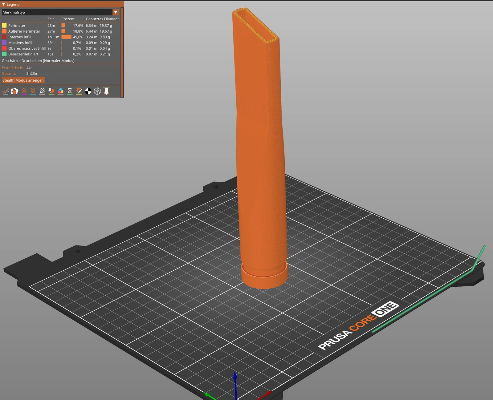 Aufrecht platzierte Staubsaugerdüse in der Slicer-Vorschau für einen Prusa Core One