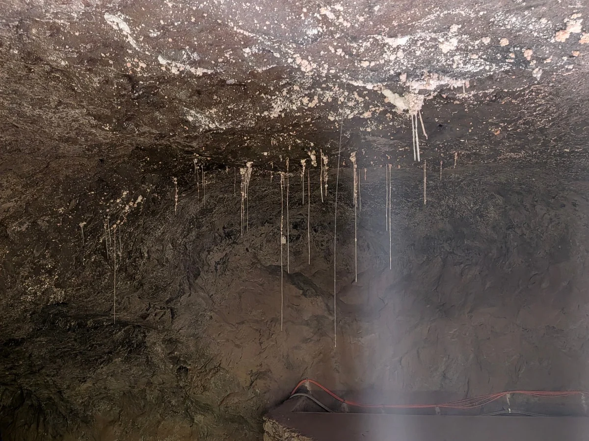 Felsdecke und Felswand mit hellen Salzablagerungen in der Salzmine von Bex