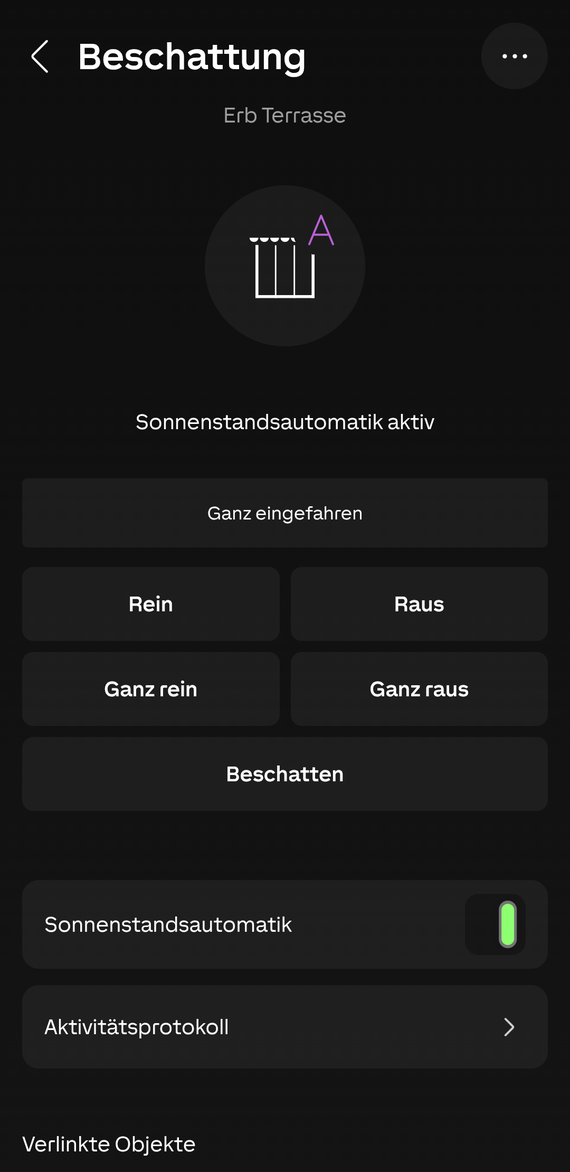 Loxone-App mit aktiver Sonnenstandsautomatik und manuellen Bedienelementen für die Beschattung