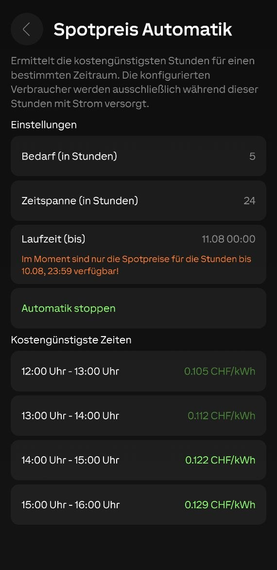 Loxone Spotpreis-Automatik mit Bedarf, Zeithorizont und ausgewählten günstigen Stunden