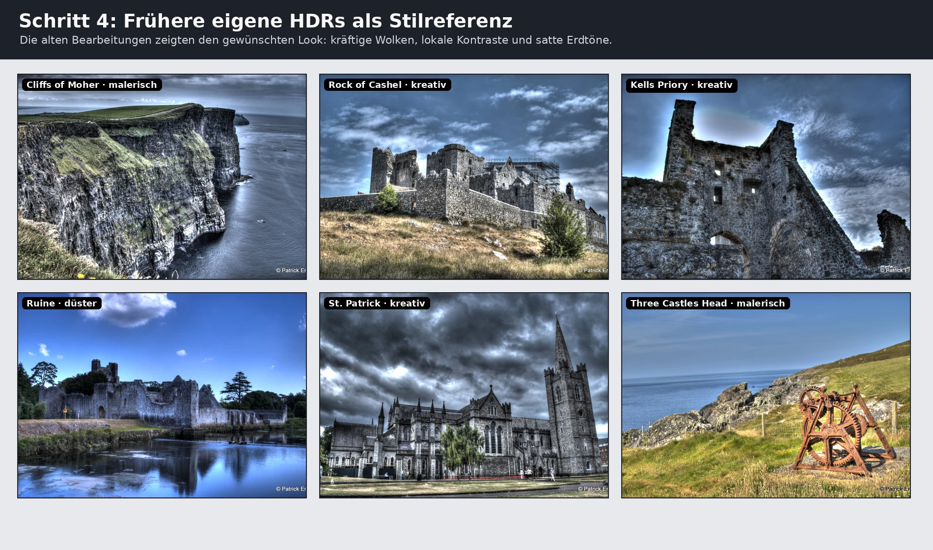 Collage früherer eigener HDR-Bearbeitungen mit dramatischen Wolken und kräftigen Kontrasten