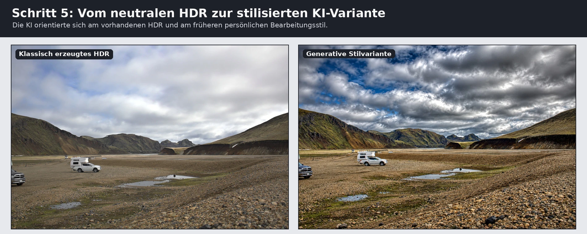 Vergleich zwischen klassisch erzeugtem HDR und generativer Stilvariante des Camp-Motivs