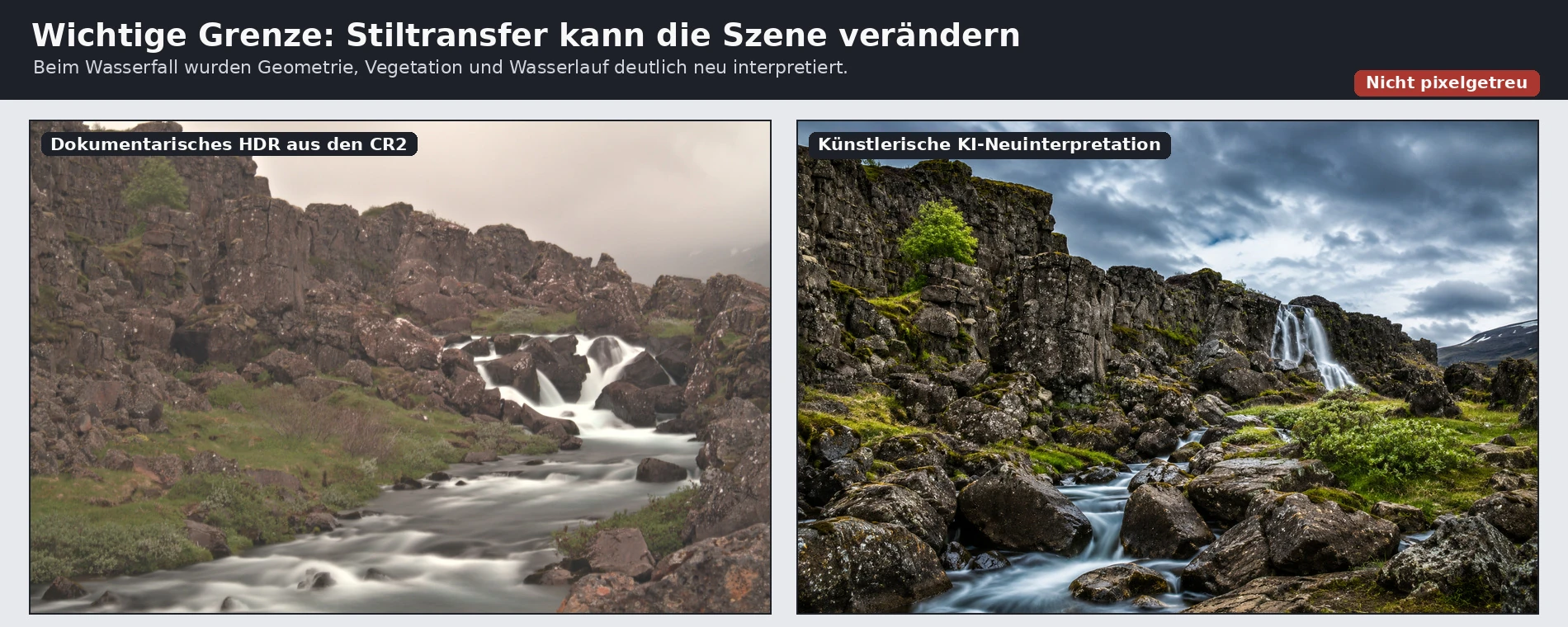 Vergleich des dokumentarischen Wasserfall-HDRs mit einer deutlich veränderten künstlerischen KI-Neuinterpretation