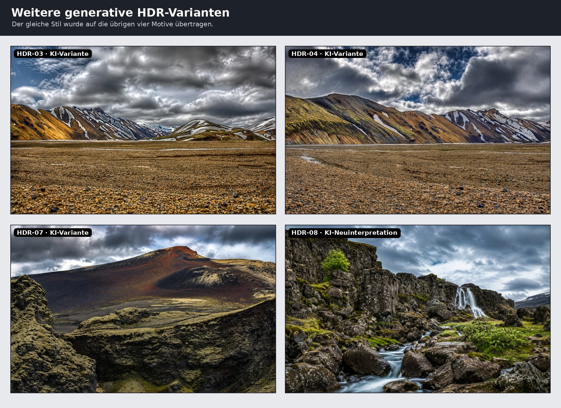 Vier klar beschriftete generative HDR-Varianten von Landschafts- und Wasserfallmotiven