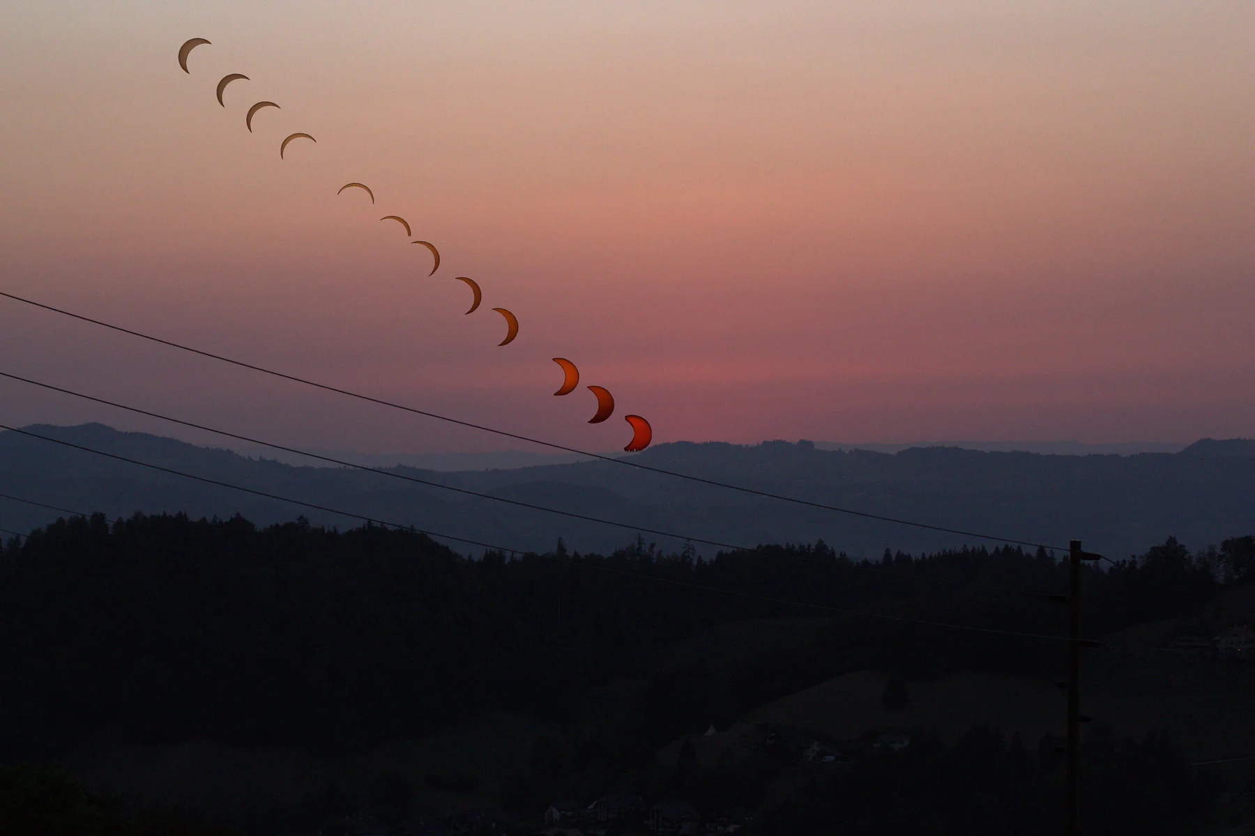 Zwölf massstäbliche Phasen der partiellen Sonnenfinsternis über dem unveränderten Horizont
